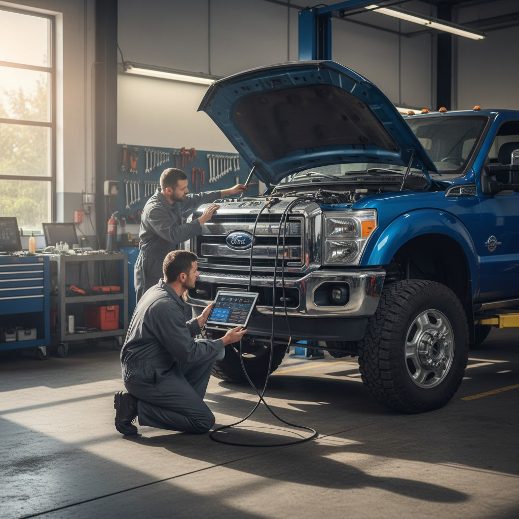 Diesel mechanic performing diagnostic testing on truck engine