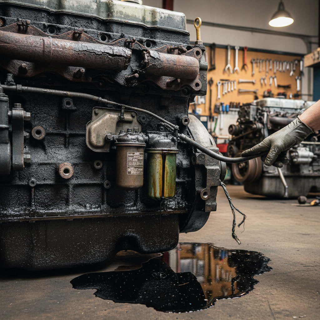 diesel mechanic performing diagnostic testing on engine