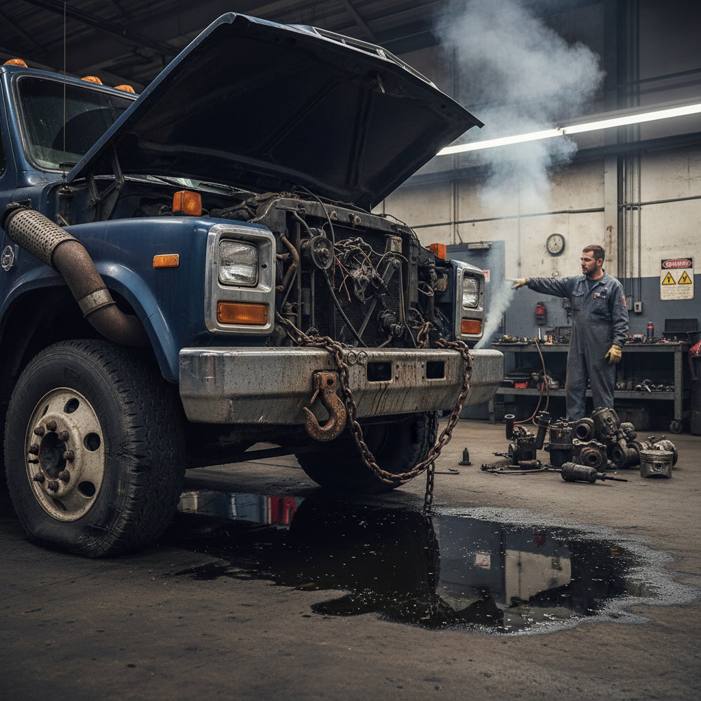Diesel truck at auto repair shop receiving professional diagnostic service