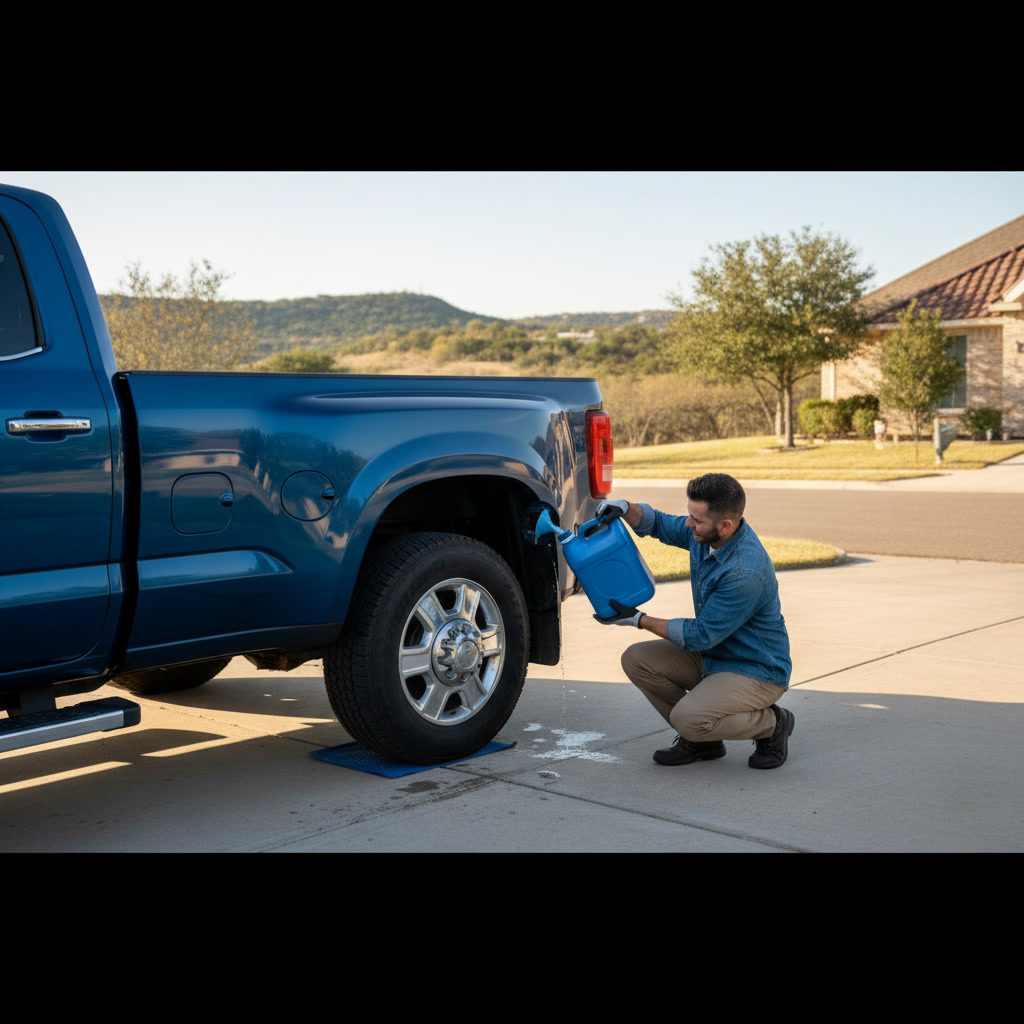 technician pouring diesel exhaust fluid into truck tank